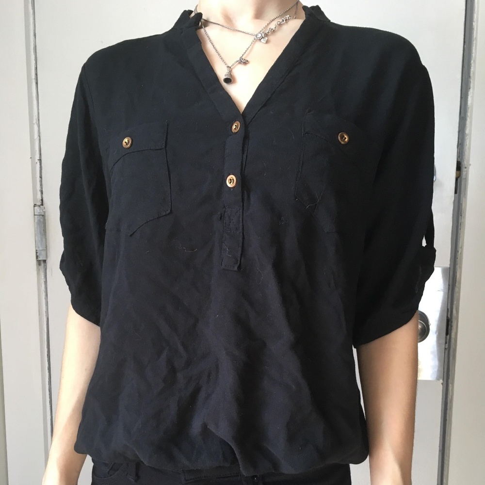Flowy Black Peasant Blouse w/ Gold Buttons